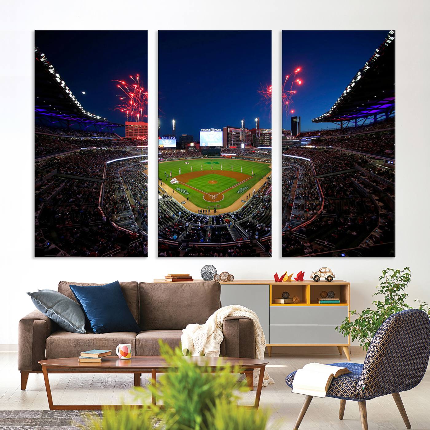 Truist Park Atlanta Braves Baseball Stadium Wall Art Print | Large 3-Panel Canvas Print for Sports Fans | Framed, Ready-to-Hang Baseball