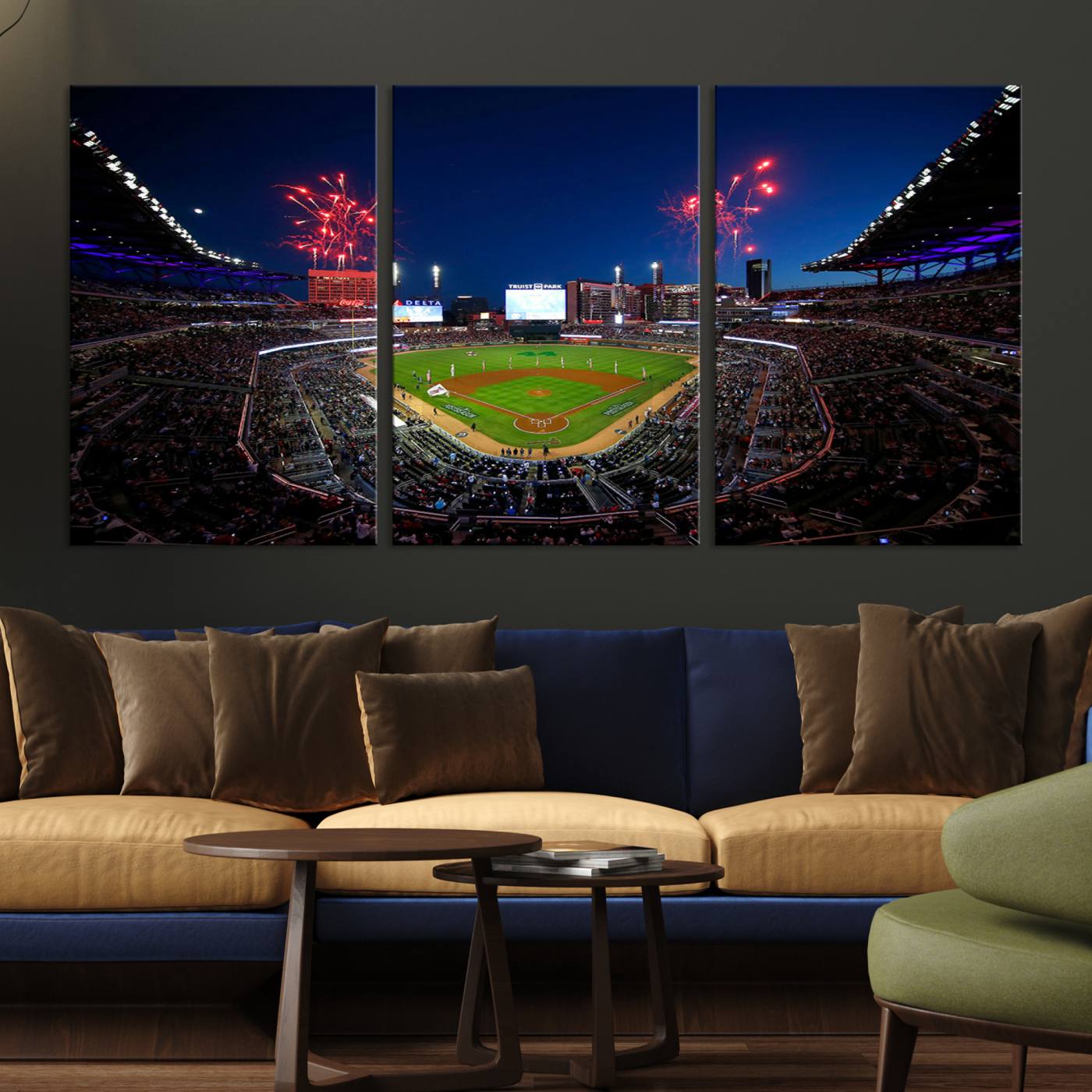 Truist Park Atlanta Braves Baseball Stadium Wall Art Print | Large 3-Panel Canvas Print for Sports Fans | Framed, Ready-to-Hang Baseball