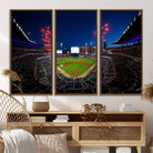 50582-MGV-FC-48X32-3P_Walnut-Truist Park Atlanta Braves Baseball Stadium Wall Art Print | Large 3-Panel Canvas Print for Sports Fans | Framed, Ready-to-Hang Baseball