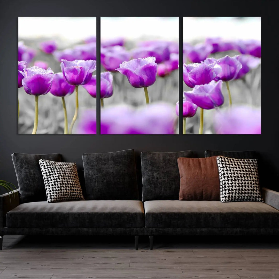 Ready to hang, the Tulip Fields Canvas Wall Art Print showcases a triptych of vibrant purple tulips. Printed on museum-quality canvas with UV-protective coating, it ensures lasting vibrancy and elegance in any room.