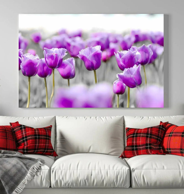 Ready to hang, the Tulip Fields Canvas Wall Art Print showcases a triptych of vibrant purple tulips. Printed on museum-quality canvas with UV-protective coating, it ensures lasting vibrancy and elegance in any room.