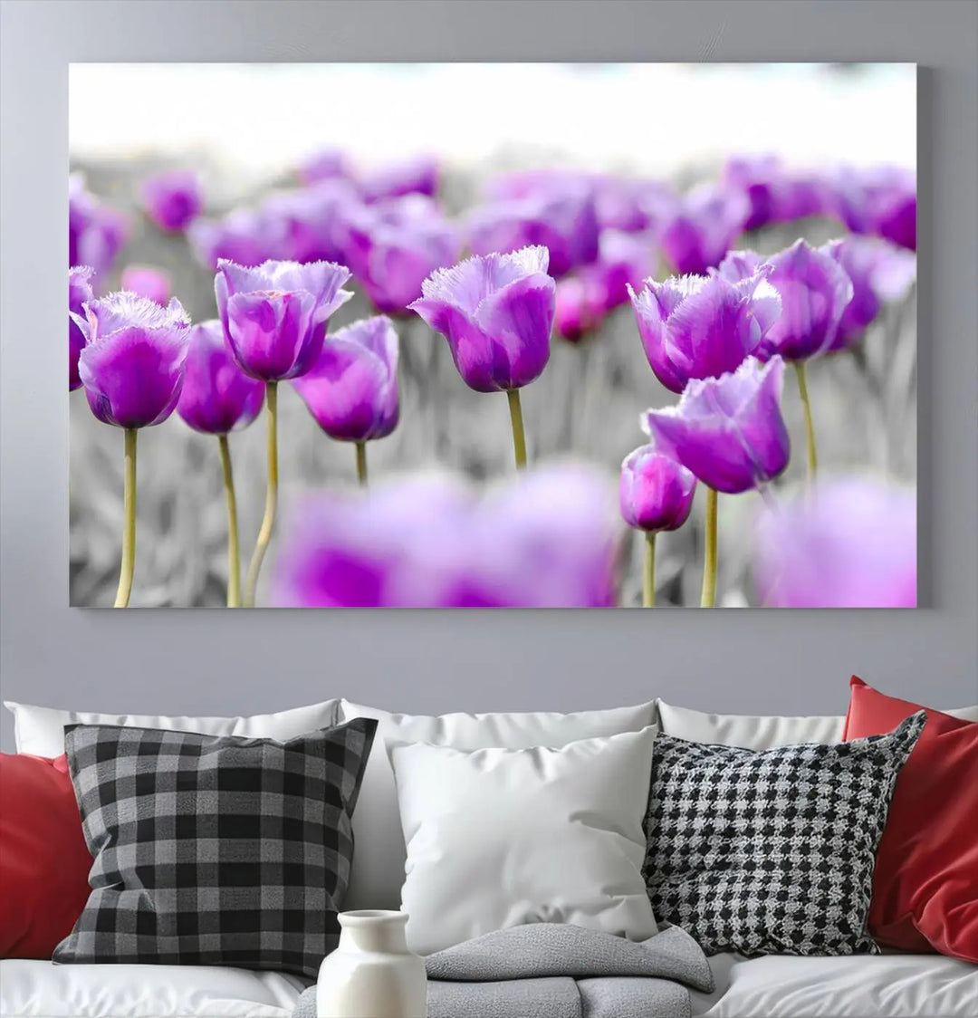 Ready to hang, the Tulip Fields Canvas Wall Art Print showcases a triptych of vibrant purple tulips. Printed on museum-quality canvas with UV-protective coating, it ensures lasting vibrancy and elegance in any room.