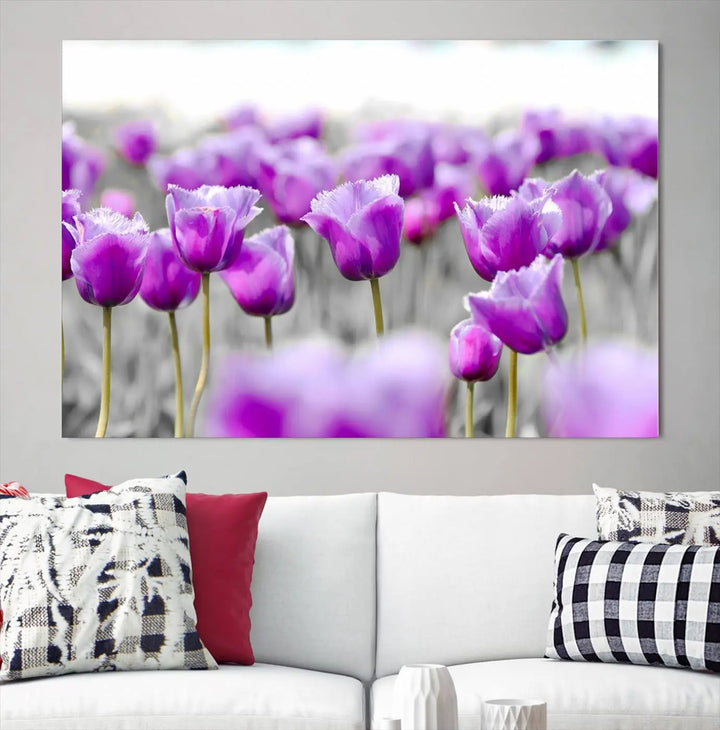 Ready to hang, the Tulip Fields Canvas Wall Art Print showcases a triptych of vibrant purple tulips. Printed on museum-quality canvas with UV-protective coating, it ensures lasting vibrancy and elegance in any room.