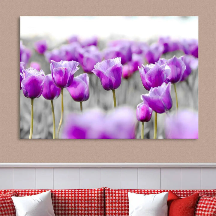 Ready to hang, the Tulip Fields Canvas Wall Art Print showcases a triptych of vibrant purple tulips. Printed on museum-quality canvas with UV-protective coating, it ensures lasting vibrancy and elegance in any room.