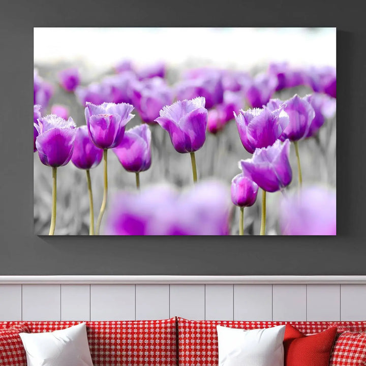 Ready to hang, the Tulip Fields Canvas Wall Art Print showcases a triptych of vibrant purple tulips. Printed on museum-quality canvas with UV-protective coating, it ensures lasting vibrancy and elegance in any room.