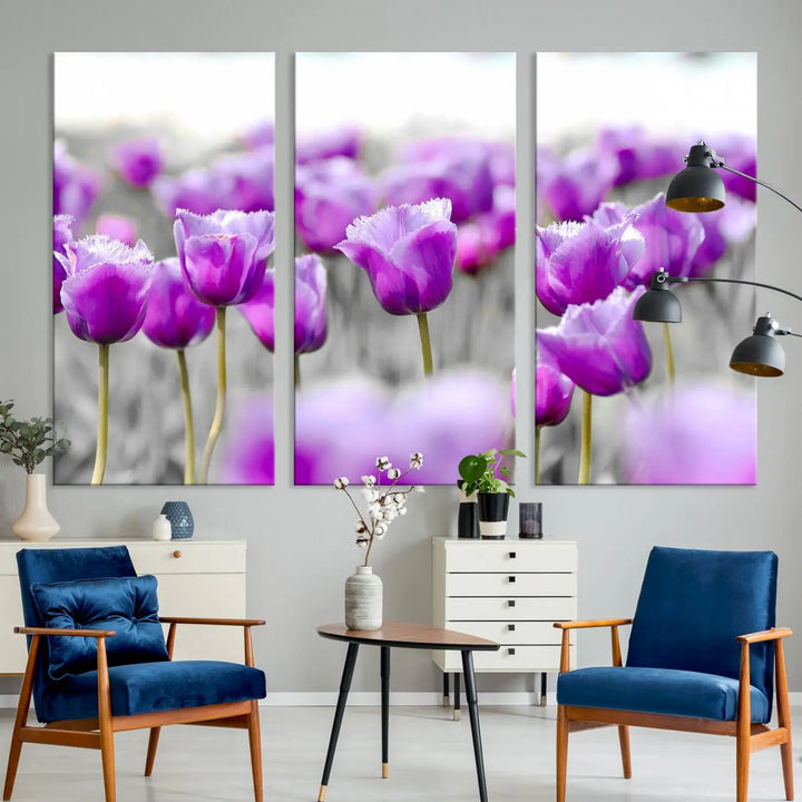 Ready to hang, the Tulip Fields Canvas Wall Art Print showcases a triptych of vibrant purple tulips. Printed on museum-quality canvas with UV-protective coating, it ensures lasting vibrancy and elegance in any room.