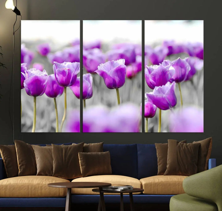 Ready to hang, the Tulip Fields Canvas Wall Art Print showcases a triptych of vibrant purple tulips. Printed on museum-quality canvas with UV-protective coating, it ensures lasting vibrancy and elegance in any room.