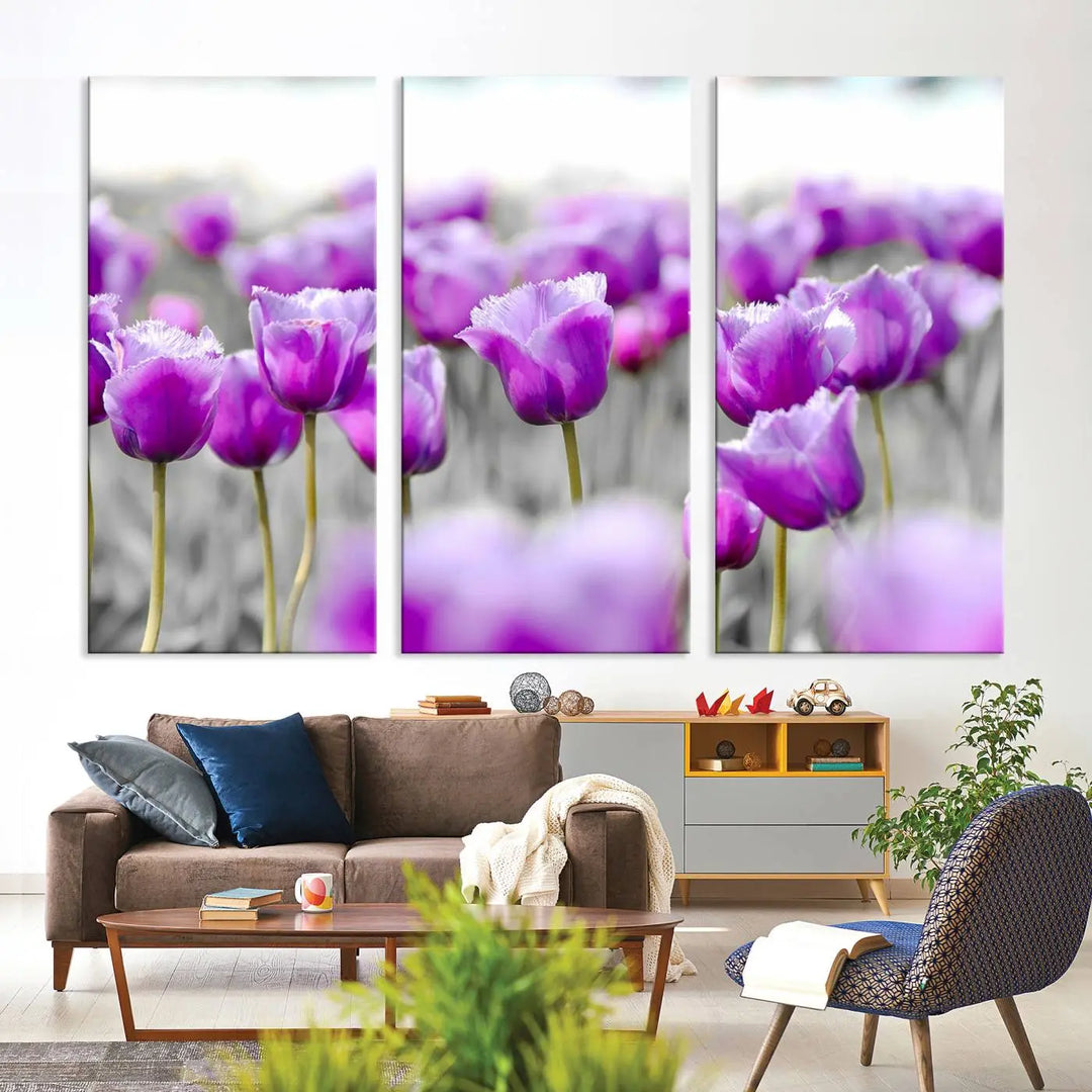 Ready to hang, the Tulip Fields Canvas Wall Art Print showcases a triptych of vibrant purple tulips. Printed on museum-quality canvas with UV-protective coating, it ensures lasting vibrancy and elegance in any room.