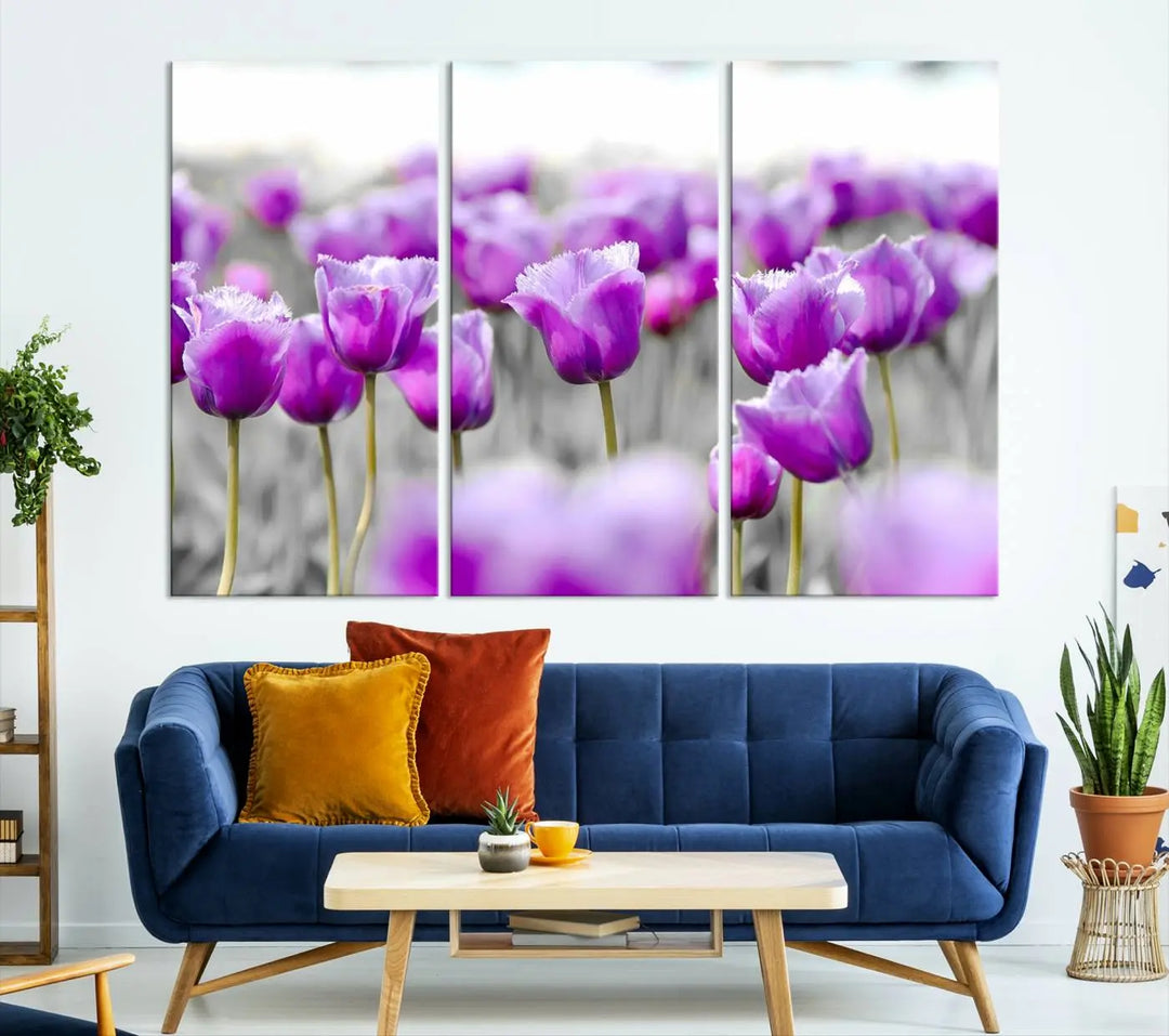 Ready to hang, the Tulip Fields Canvas Wall Art Print showcases a triptych of vibrant purple tulips. Printed on museum-quality canvas with UV-protective coating, it ensures lasting vibrancy and elegance in any room.