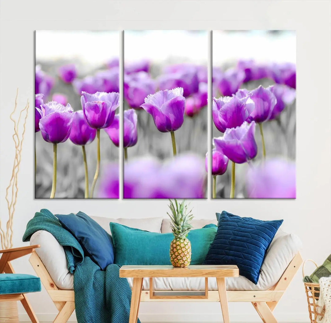 Ready to hang, the Tulip Fields Canvas Wall Art Print showcases a triptych of vibrant purple tulips. Printed on museum-quality canvas with UV-protective coating, it ensures lasting vibrancy and elegance in any room.