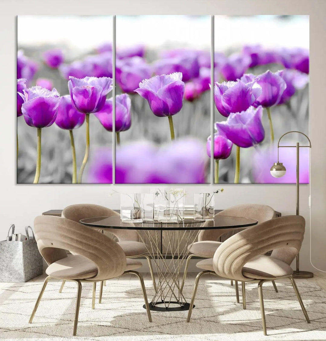 Ready to hang, the Tulip Fields Canvas Wall Art Print showcases a triptych of vibrant purple tulips. Printed on museum-quality canvas with UV-protective coating, it ensures lasting vibrancy and elegance in any room.