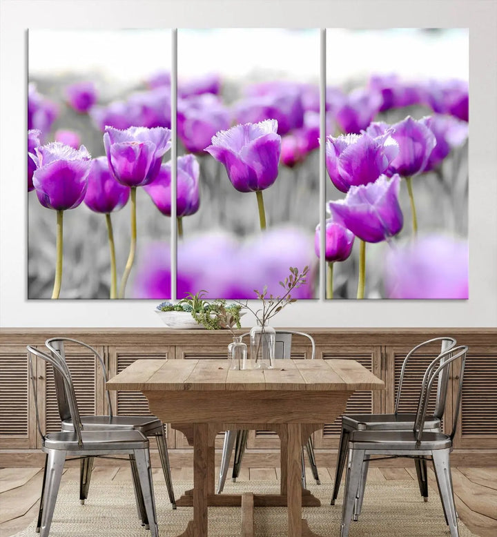 Ready to hang, the Tulip Fields Canvas Wall Art Print showcases a triptych of vibrant purple tulips. Printed on museum-quality canvas with UV-protective coating, it ensures lasting vibrancy and elegance in any room.