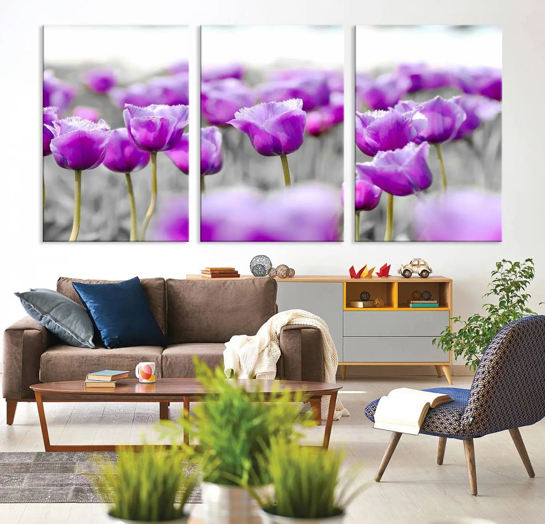 Ready to hang, the Tulip Fields Canvas Wall Art Print showcases a triptych of vibrant purple tulips. Printed on museum-quality canvas with UV-protective coating, it ensures lasting vibrancy and elegance in any room.