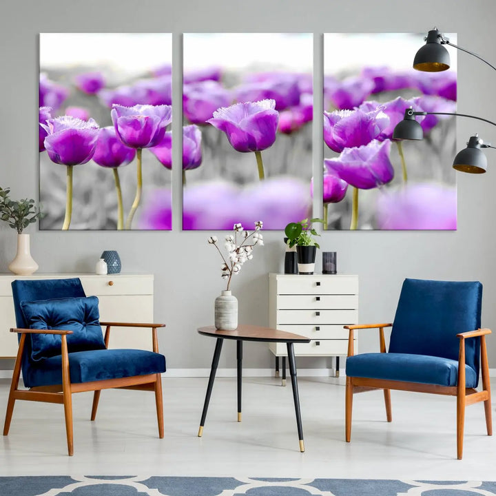 Ready to hang, the Tulip Fields Canvas Wall Art Print showcases a triptych of vibrant purple tulips. Printed on museum-quality canvas with UV-protective coating, it ensures lasting vibrancy and elegance in any room.