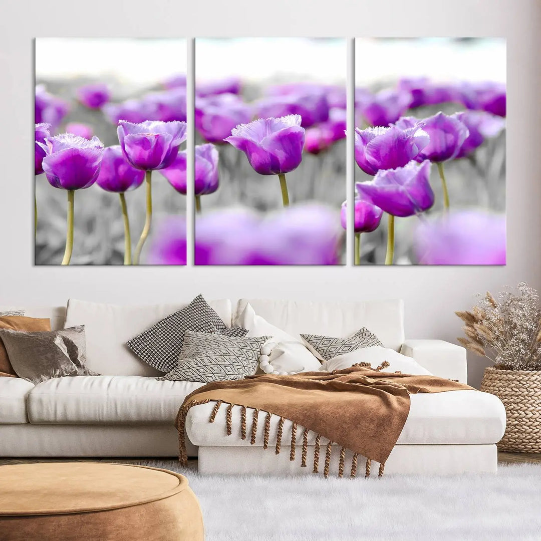 Ready to hang, the Tulip Fields Canvas Wall Art Print showcases a triptych of vibrant purple tulips. Printed on museum-quality canvas with UV-protective coating, it ensures lasting vibrancy and elegance in any room.