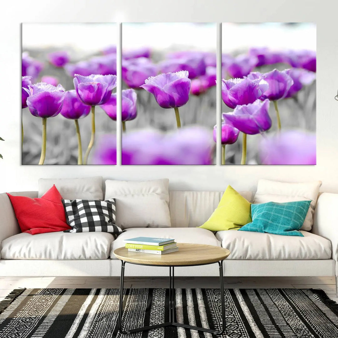 Ready to hang, the Tulip Fields Canvas Wall Art Print showcases a triptych of vibrant purple tulips. Printed on museum-quality canvas with UV-protective coating, it ensures lasting vibrancy and elegance in any room.