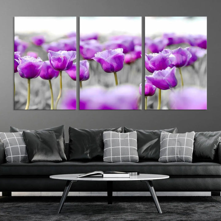 Ready to hang, the Tulip Fields Canvas Wall Art Print showcases a triptych of vibrant purple tulips. Printed on museum-quality canvas with UV-protective coating, it ensures lasting vibrancy and elegance in any room.