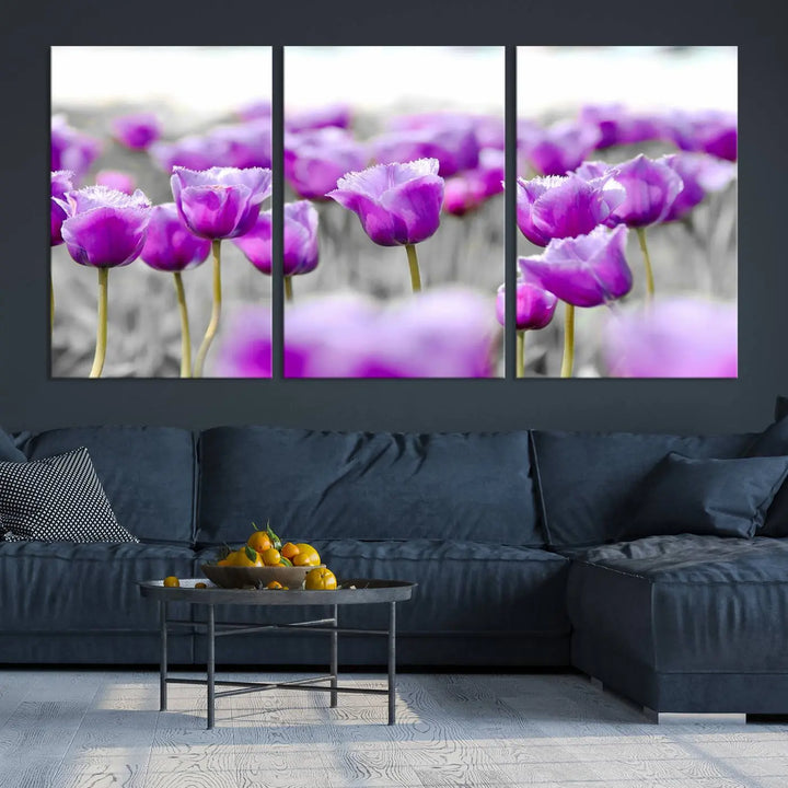 Ready to hang, the Tulip Fields Canvas Wall Art Print showcases a triptych of vibrant purple tulips. Printed on museum-quality canvas with UV-protective coating, it ensures lasting vibrancy and elegance in any room.