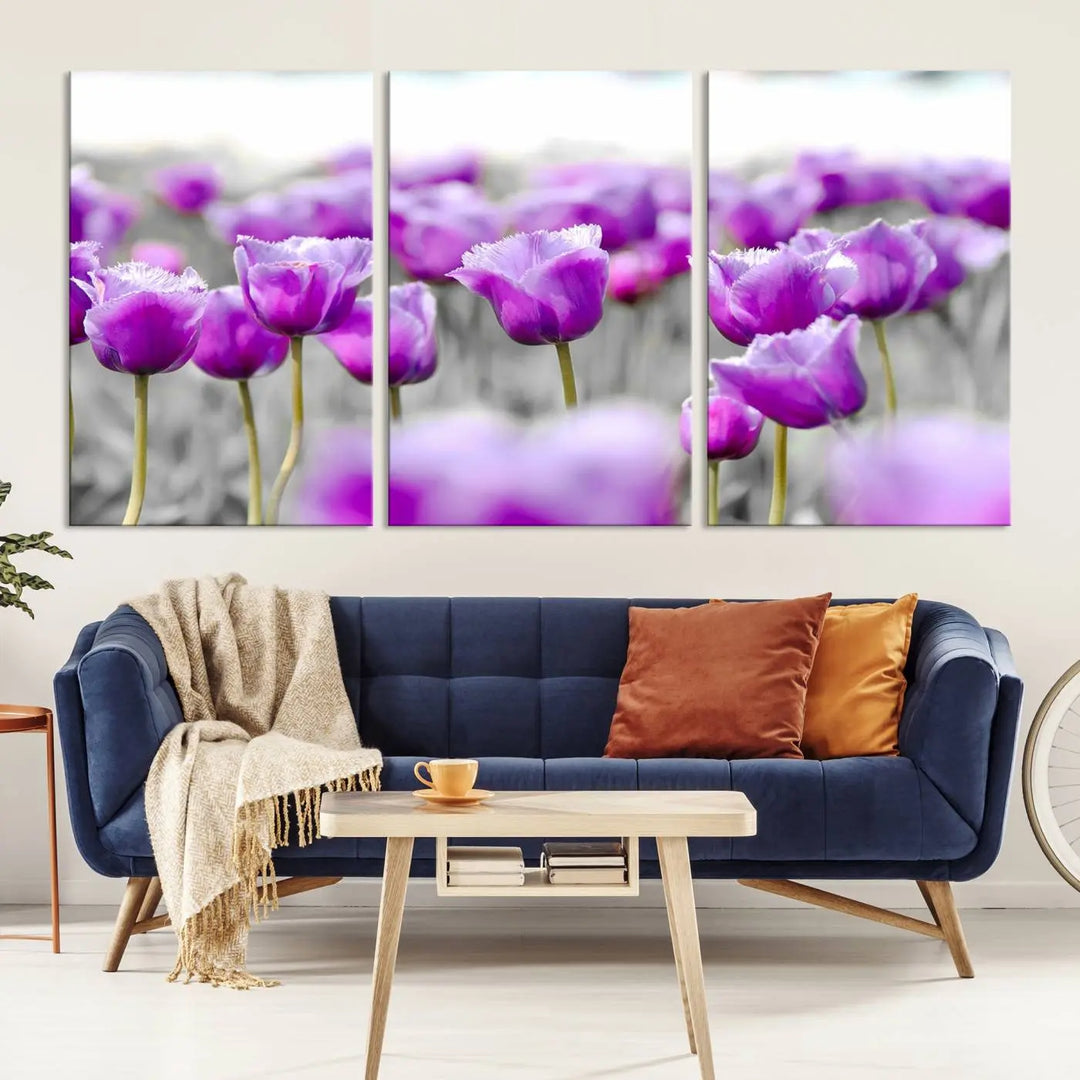 Ready to hang, the Tulip Fields Canvas Wall Art Print showcases a triptych of vibrant purple tulips. Printed on museum-quality canvas with UV-protective coating, it ensures lasting vibrancy and elegance in any room.