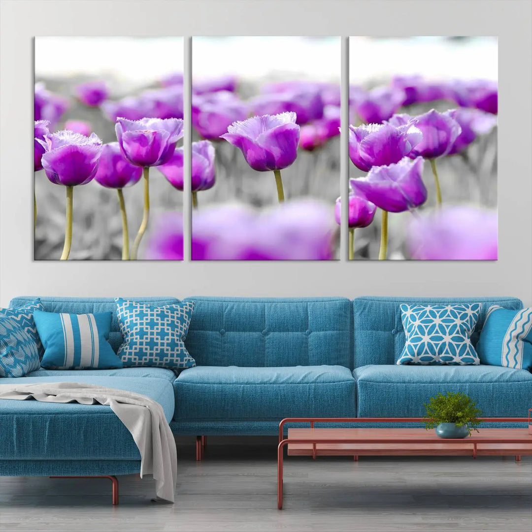 Ready to hang, the Tulip Fields Canvas Wall Art Print showcases a triptych of vibrant purple tulips. Printed on museum-quality canvas with UV-protective coating, it ensures lasting vibrancy and elegance in any room.