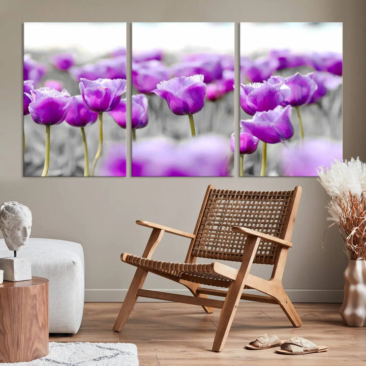 Ready to hang, the Tulip Fields Canvas Wall Art Print showcases a triptych of vibrant purple tulips. Printed on museum-quality canvas with UV-protective coating, it ensures lasting vibrancy and elegance in any room.