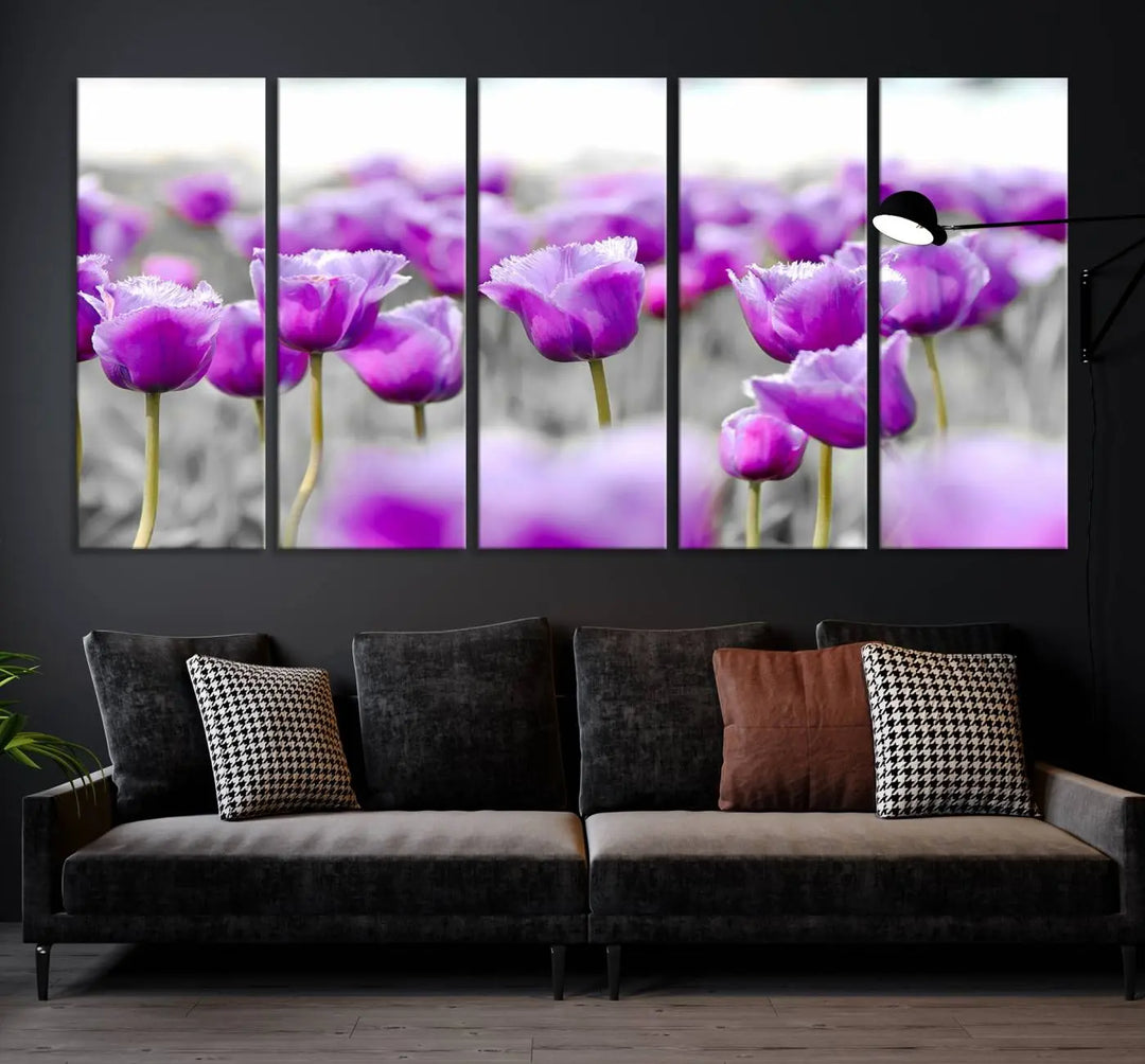 Ready to hang, the Tulip Fields Canvas Wall Art Print showcases a triptych of vibrant purple tulips. Printed on museum-quality canvas with UV-protective coating, it ensures lasting vibrancy and elegance in any room.