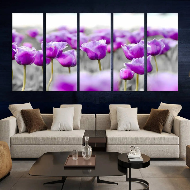 Ready to hang, the Tulip Fields Canvas Wall Art Print showcases a triptych of vibrant purple tulips. Printed on museum-quality canvas with UV-protective coating, it ensures lasting vibrancy and elegance in any room.