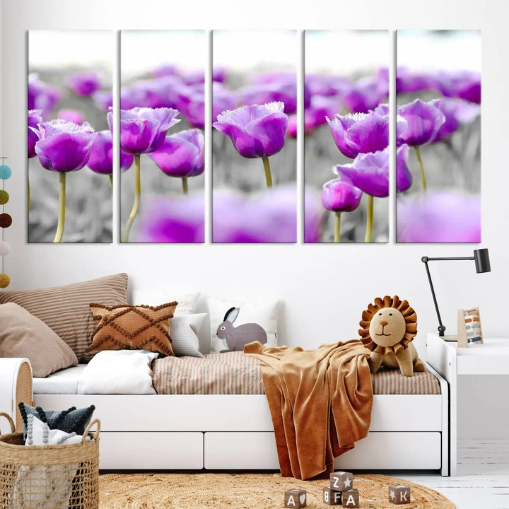 Ready to hang, the Tulip Fields Canvas Wall Art Print showcases a triptych of vibrant purple tulips. Printed on museum-quality canvas with UV-protective coating, it ensures lasting vibrancy and elegance in any room.