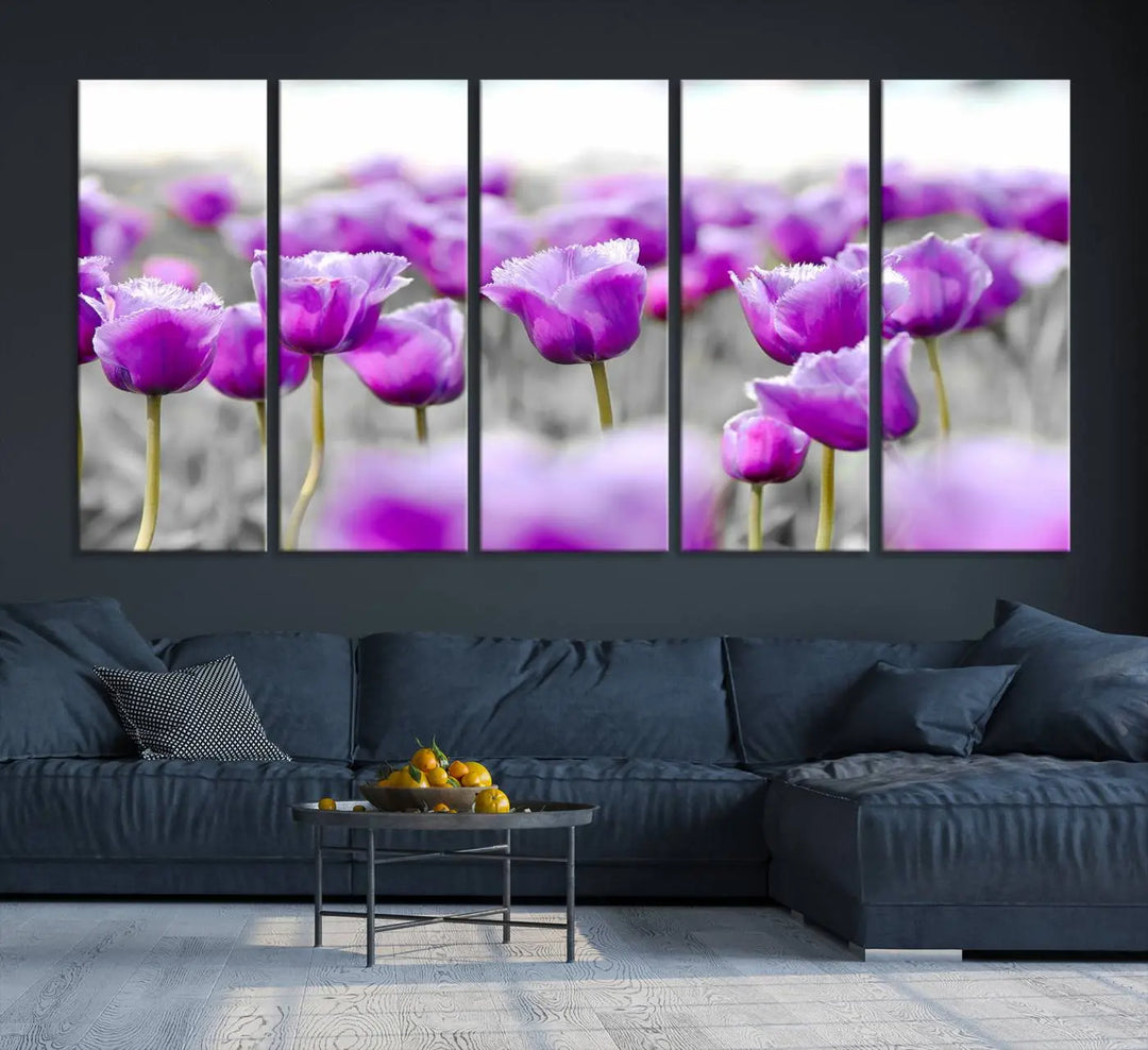 Ready to hang, the Tulip Fields Canvas Wall Art Print showcases a triptych of vibrant purple tulips. Printed on museum-quality canvas with UV-protective coating, it ensures lasting vibrancy and elegance in any room.