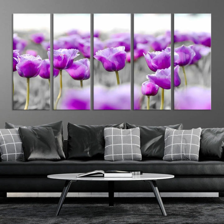 Ready to hang, the Tulip Fields Canvas Wall Art Print showcases a triptych of vibrant purple tulips. Printed on museum-quality canvas with UV-protective coating, it ensures lasting vibrancy and elegance in any room.