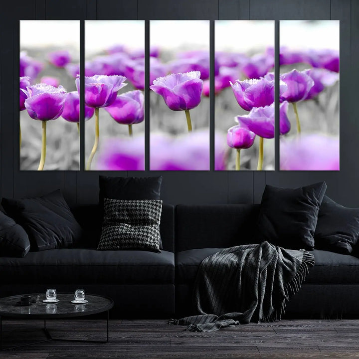 Ready to hang, the Tulip Fields Canvas Wall Art Print showcases a triptych of vibrant purple tulips. Printed on museum-quality canvas with UV-protective coating, it ensures lasting vibrancy and elegance in any room.