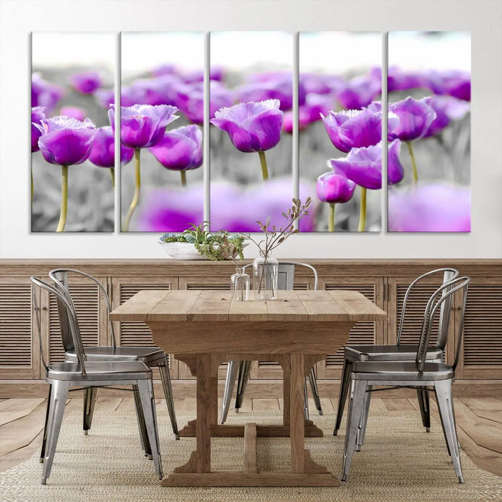 Ready to hang, the Tulip Fields Canvas Wall Art Print showcases a triptych of vibrant purple tulips. Printed on museum-quality canvas with UV-protective coating, it ensures lasting vibrancy and elegance in any room.