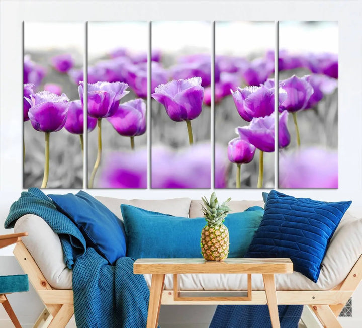 Ready to hang, the Tulip Fields Canvas Wall Art Print showcases a triptych of vibrant purple tulips. Printed on museum-quality canvas with UV-protective coating, it ensures lasting vibrancy and elegance in any room.