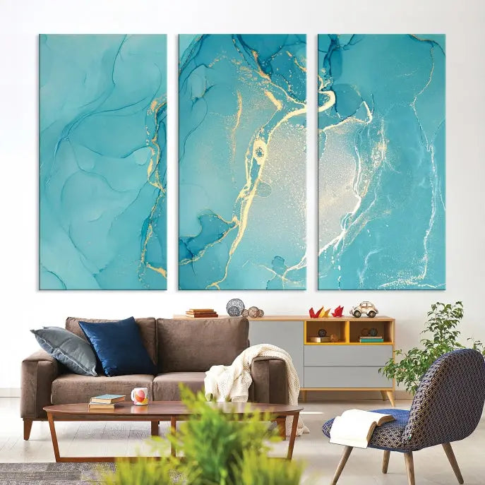 The Turquoise Canvas Wall Art Abstract Print, crafted with museum-quality canvases and a UV-protective coating, graces the wall. This striking piece arrives ready to hang and infuses the space with elegance.