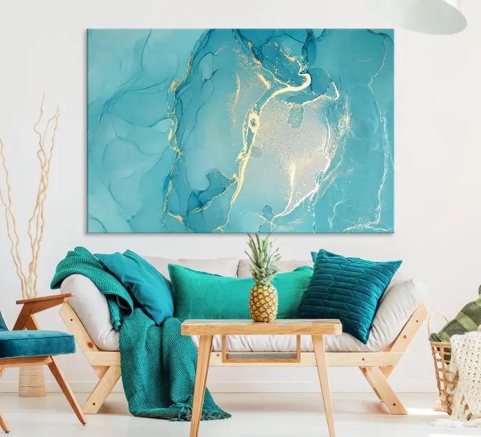 The Turquoise Canvas Wall Art Abstract Print, crafted with museum-quality canvases and a UV-protective coating, graces the wall. This striking piece arrives ready to hang and infuses the space with elegance.