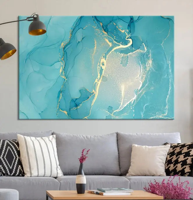 The Turquoise Canvas Wall Art Abstract Print, crafted with museum-quality canvases and a UV-protective coating, graces the wall. This striking piece arrives ready to hang and infuses the space with elegance.