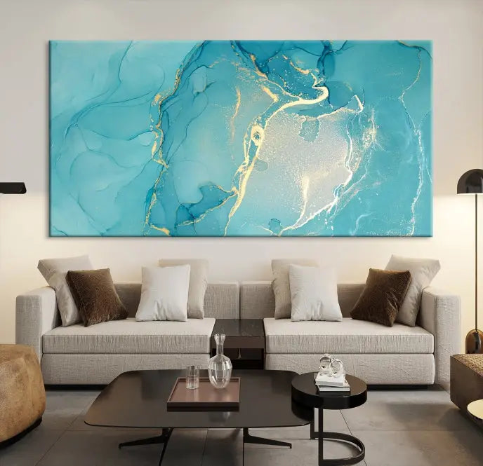 The Turquoise Canvas Wall Art Abstract Print, crafted with museum-quality canvases and a UV-protective coating, graces the wall. This striking piece arrives ready to hang and infuses the space with elegance.