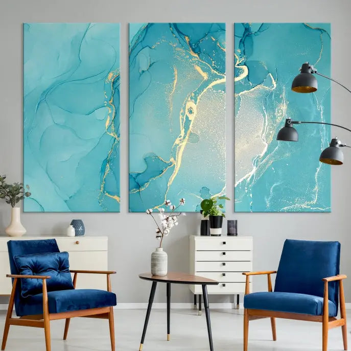 The Turquoise Canvas Wall Art Abstract Print, crafted with museum-quality canvases and a UV-protective coating, graces the wall. This striking piece arrives ready to hang and infuses the space with elegance.