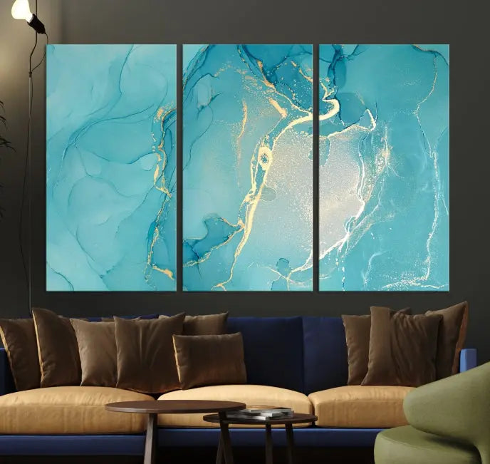 The Turquoise Canvas Wall Art Abstract Print, crafted with museum-quality canvases and a UV-protective coating, graces the wall. This striking piece arrives ready to hang and infuses the space with elegance.