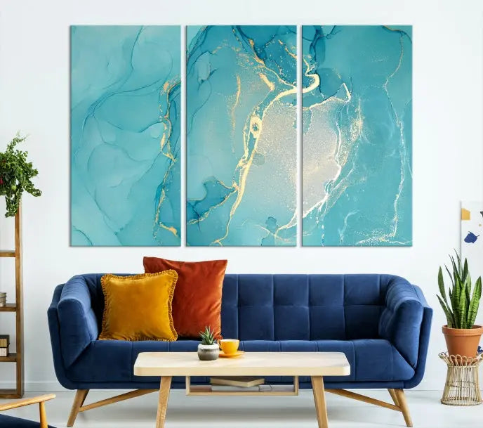 The Turquoise Canvas Wall Art Abstract Print, crafted with museum-quality canvases and a UV-protective coating, graces the wall. This striking piece arrives ready to hang and infuses the space with elegance.