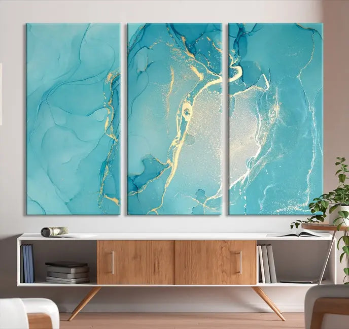 The Turquoise Canvas Wall Art Abstract Print, crafted with museum-quality canvases and a UV-protective coating, graces the wall. This striking piece arrives ready to hang and infuses the space with elegance.