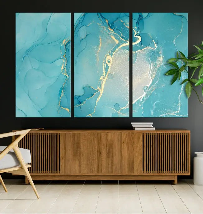 The Turquoise Canvas Wall Art Abstract Print, crafted with museum-quality canvases and a UV-protective coating, graces the wall. This striking piece arrives ready to hang and infuses the space with elegance.