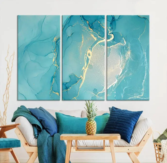 The Turquoise Canvas Wall Art Abstract Print, crafted with museum-quality canvases and a UV-protective coating, graces the wall. This striking piece arrives ready to hang and infuses the space with elegance.