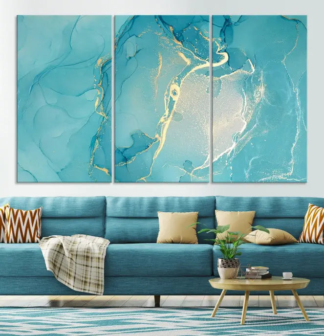 The Turquoise Canvas Wall Art Abstract Print, crafted with museum-quality canvases and a UV-protective coating, graces the wall. This striking piece arrives ready to hang and infuses the space with elegance.