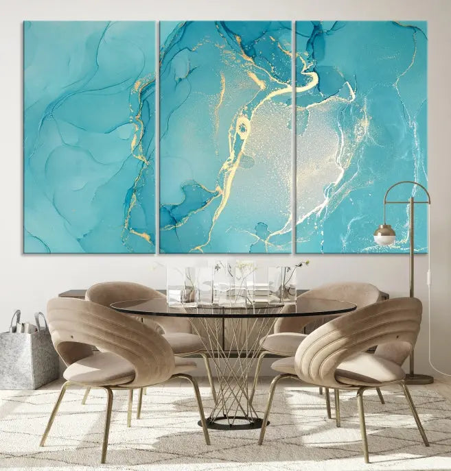 The Turquoise Canvas Wall Art Abstract Print, crafted with museum-quality canvases and a UV-protective coating, graces the wall. This striking piece arrives ready to hang and infuses the space with elegance.