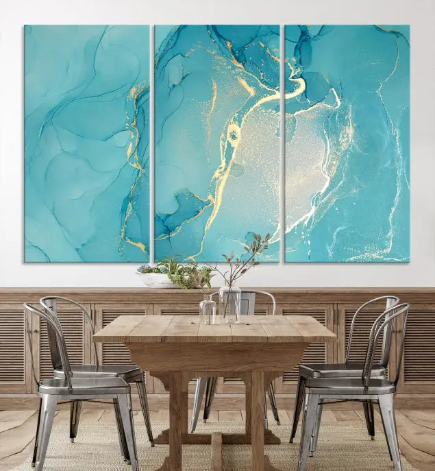 The Turquoise Canvas Wall Art Abstract Print, crafted with museum-quality canvases and a UV-protective coating, graces the wall. This striking piece arrives ready to hang and infuses the space with elegance.