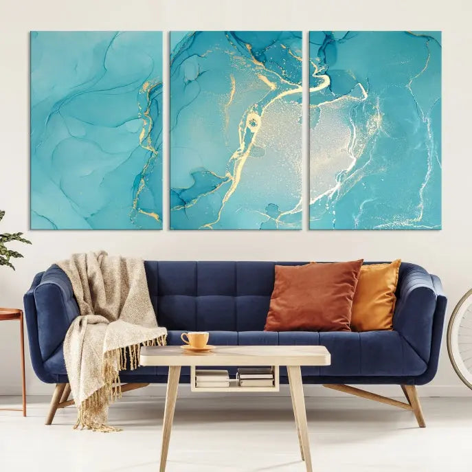 The Turquoise Canvas Wall Art Abstract Print, crafted with museum-quality canvases and a UV-protective coating, graces the wall. This striking piece arrives ready to hang and infuses the space with elegance.