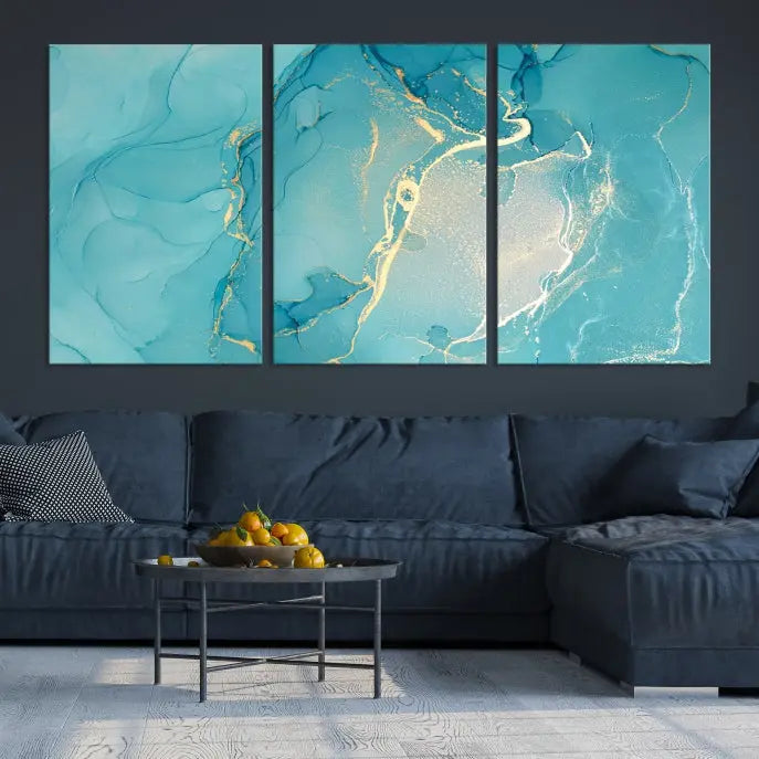 The Turquoise Canvas Wall Art Abstract Print, crafted with museum-quality canvases and a UV-protective coating, graces the wall. This striking piece arrives ready to hang and infuses the space with elegance.