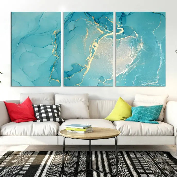 The Turquoise Canvas Wall Art Abstract Print, crafted with museum-quality canvases and a UV-protective coating, graces the wall. This striking piece arrives ready to hang and infuses the space with elegance.