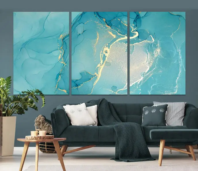 The Turquoise Canvas Wall Art Abstract Print, crafted with museum-quality canvases and a UV-protective coating, graces the wall. This striking piece arrives ready to hang and infuses the space with elegance.